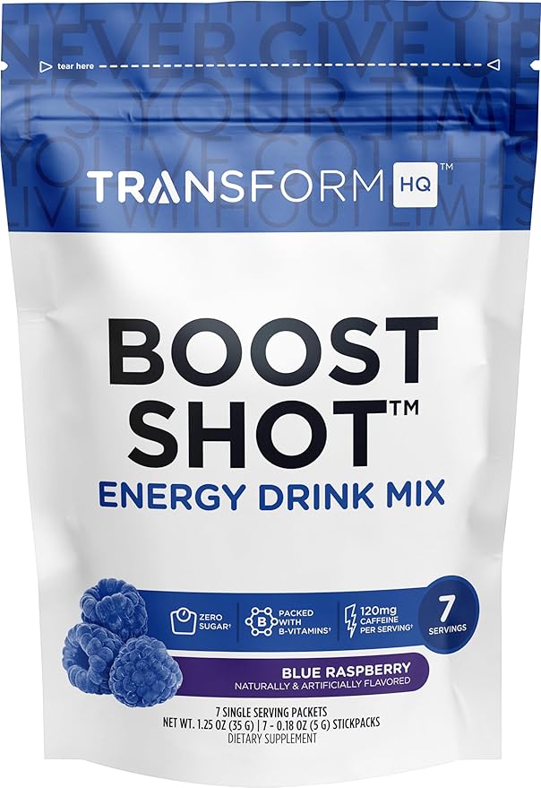 TransformHQ Boost Shot Powder Drink Stick Packets, Blue Raspberry, 7 Pack, Energy Supplements for Women & Men, with Caffeine, Vitamin B12, B9, B6 & B3