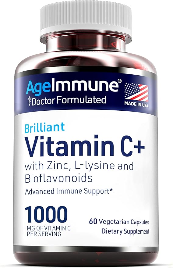 AgeImmune Vitamin C 1000mg Complex with L-Lysine 500mg, Zinc 12mg, Bioflavonoids 300mg. Doctor Formulated Magnesium Stearate Free Supplements for Healthy Immune System Support.(1)