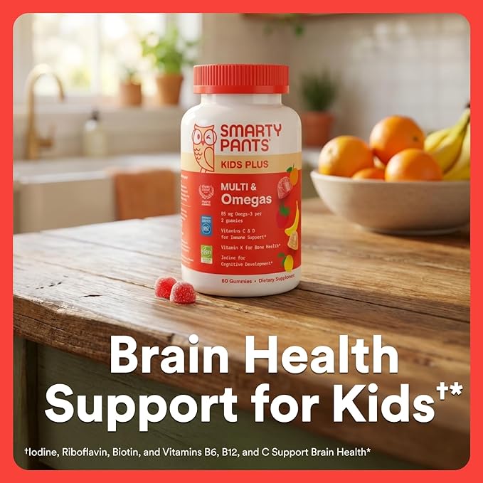 SmartyPants Kids Multivitamin Gummies with Omega 3 DHA/EPA, Vitamins D3, C, B12, B6, A, K, and Zinc, Gluten Free, Clean Label, Three Fruit Flavors, 60 Gummies (30 Day Supply)