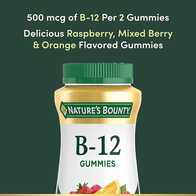 Nature's Bounty Vitamin B12 Gummies, Dietary Supplement, Supports Energy Metabolism and Nervous System Health, Mixed Berry Flavor, 500mcg, 90 Gummies