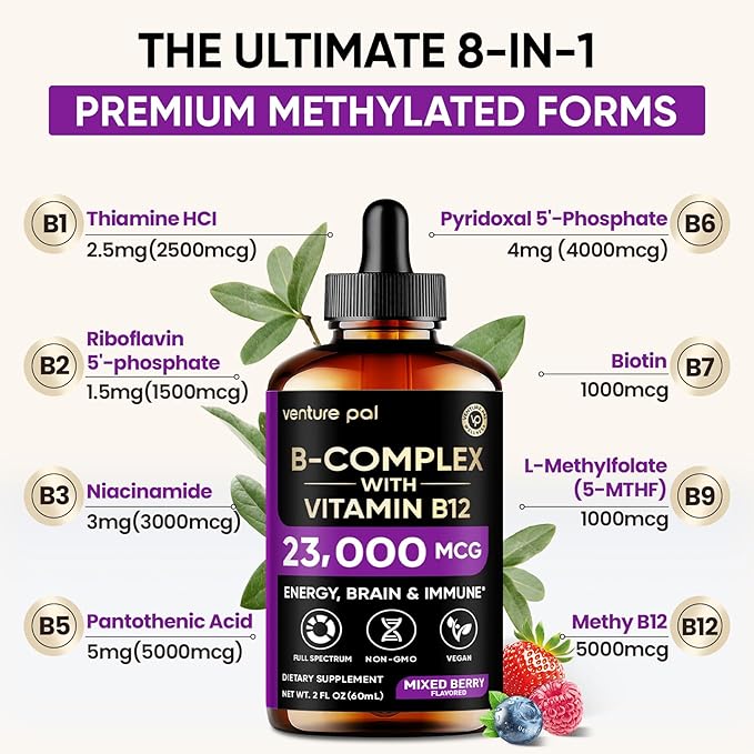 Venture Pal Vitamin B Complex Liquid Drops, B12 Methylcobalamin | B9 Folic | B1,B2,B3,B5,B6,B16 - Vitamin C, Choline, Inositol, Immune & Energy Metabolism, Brain & Heart Support