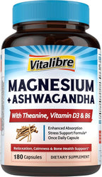 Vitalibre Magnesium Complex with Ashwagandha & L-Theanine - Stress Relief, Bone & Relaxation Support - w/Vitamin D3, B6 - Glycinate, Citrate, Malate, Taurate - 180 Vegan Capsules, Non-GMO, Gluten free