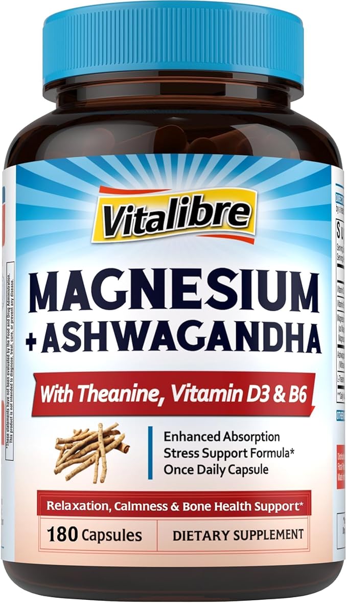 Vitalibre Magnesium Complex with Ashwagandha & L-Theanine - Stress Relief, Bone & Relaxation Support - w/Vitamin D3, B6 - Glycinate, Citrate, Malate, Taurate - 180 Vegan Capsules, Non-GMO, Gluten free