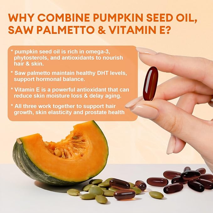 Pumpkin Seed Oil Capsules with Saw Palmetto, High Concentrated Pumpkin Seed Oil Supplement for Hair Growth, Urinary, Bladder & Prostate Health, Cold Pressed, Vegan, Non-GMO, 180 Softgels