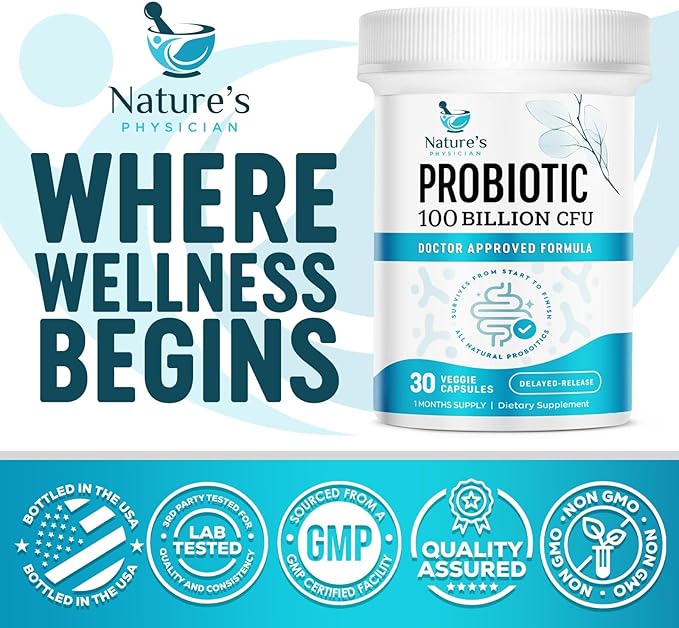Nature's Physician Probiotics - 100 Billion CFU Per Capsule - 16 Strains + Prebiotics - Best Probiotic Supplement for Women & Men - Supports Immune, Digestive Health, Constipation & Gas - 30 Capsules