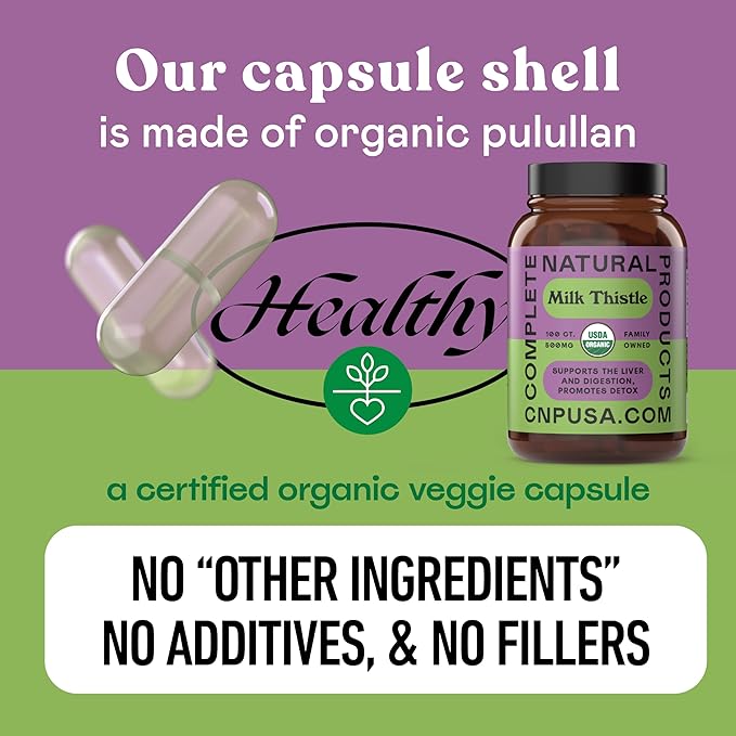 Complete Natural Products Pure Organic Milk Thistle Capsules - 500 mg Silymarin Powder 100 Pills