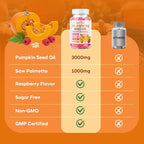 Pumpkin Seed Oil Gummies with Saw Palmetto, Organic Pumpkin Seed Oil Supplement, High-Purity Extract for Hair Growth, Skin Health, & Immune Support, Raspberry Flavor, 60 Count