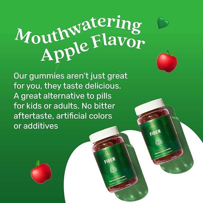 BeLive Fiber Gummies - Sugar Free Prebiotic Digestive Health and Regularity Supplement - Chicory Root & Inulin - for Adults and Kids - Apple Flavor - 60 Count