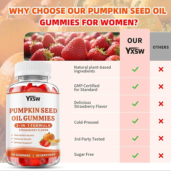 Pumpkin Seed Oil Gummies with Saw Palmetto, Organic Pumpkin Seed Oil Supplement for Hair Growth & Skin Health, Prostate Health, High Pure Extract for Women Men, Strawberry Flavor, 120 Count