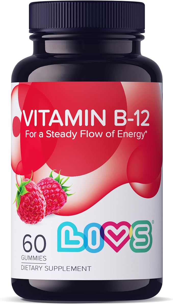 LIVS Vitamin B12 Gummies for Adults & Kids | Vegan Methylcobalamin B12 Supplement | Energy, Metabolism & Nerve Support | Raspberry Flavor | Non-GMO, Gluten-Free, Pectin-Based | 60 Count