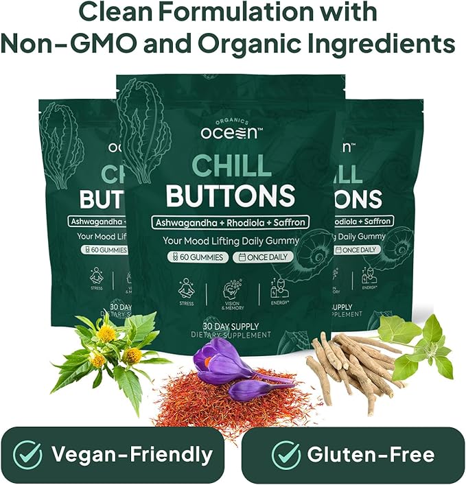 Organics Ocean Chill Buttons – Natural Ashwagandha Gummy Supplement with Organic KSM-66, Saffron & Rhodiola Rosea – Supports Relaxation, Mood, Focus & Energy - 1-Pack, 60 Count