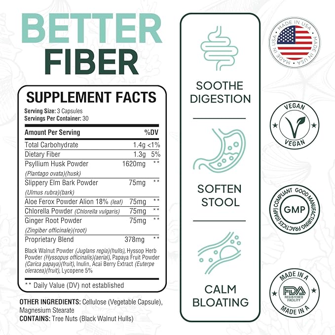 Organics Ocean Better Fiber - Daily Fiber Supplement - Soften Stool for Effortless Bowel Movements - with Psyllium Hulk and Slippery Elm - 90 Capsules
