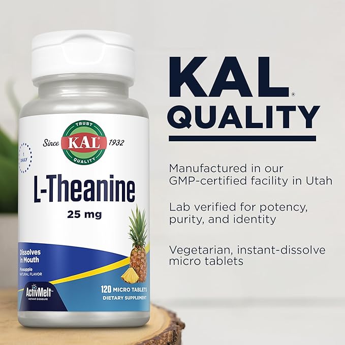 KAL L Theanine 25 mg ActivMelt - Relaxation, Stress, Mood and Focus Supplement - Delicious Natural Pineapple Flavor with Stevia - Vegetarian - 120 Servings, 120 Instant Dissolve Micro Tablets
