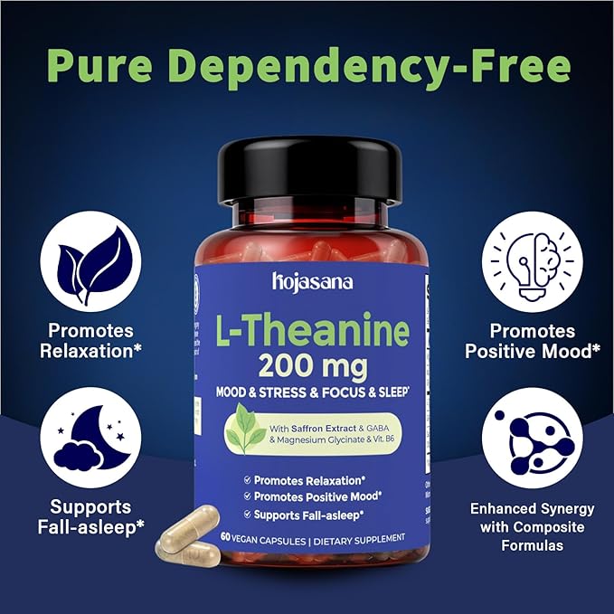 L Theanine 200mg with Saffron, GABA, Magnesium Glycinate & Vitamin B6, L-Theanine Supplement Advanced Complex Formula for Mood Relaxation & Stress Relief & Sleep Support, 60 Vegan Capsules