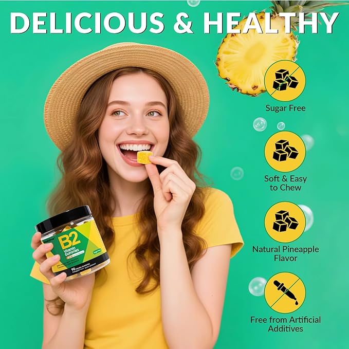 Riboflavin Vitamin B2 Gummies 400mg for Adults & Kids | Migraine Supplement with Magnesium, Turmeric, Cayenne Pepper, Butterbur for Energy & Nervous Support | Vegan, Sugar Free, 90 Count