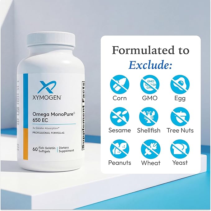 XYMOGEN Omega MonoPure 650 EC - Heart & Brain Support - DHA & EPA Omega-3 Fish Oil - Monoglyceride High Absorption Softgels - Enteric Coated - 60 Softgels