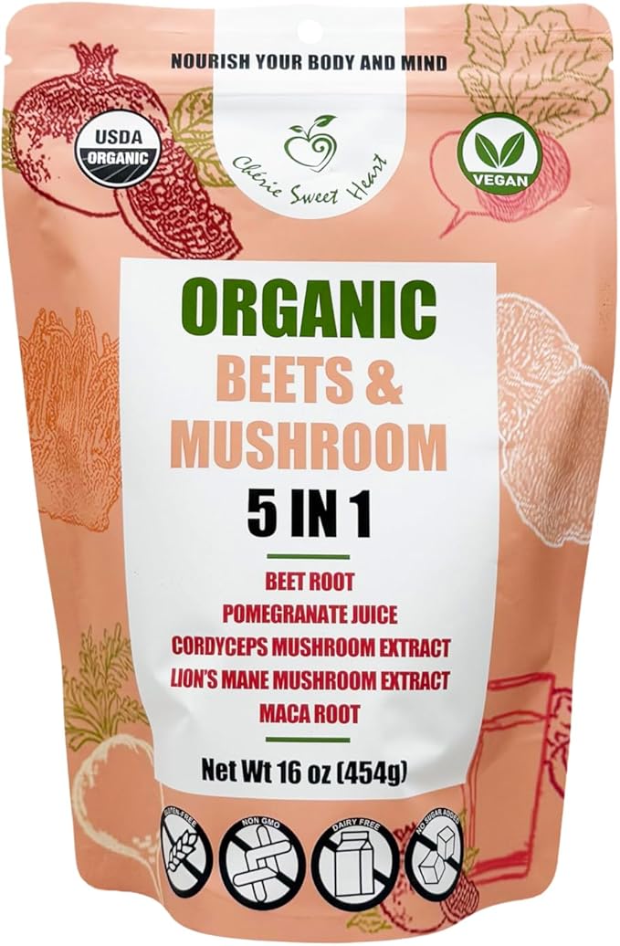 Cherie Sweet Heart Organic Beets & Mushroom 5 in 1, Beet Root Powder, Mushroom Powder Supplement, Beetroot with Pomegranate, Cordyceps, Lions Mane, Maca, USDA Organic, Gluten Free - 16 oz Pouch