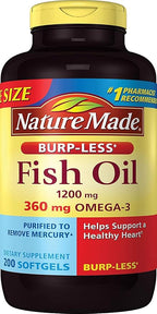 Burp-Less Fish Oil 1200 mg, 200 Softgels, Fish Oil Omega 3 Supplement For Heart Health