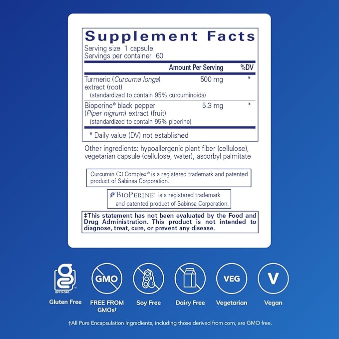 Pure Encapsulations Curcumin 500 with Bioperine - Antioxidant Supplement to Support Joints, Tissue, Liver, Colon & Cellular Health* - with Turmeric Curcumin & Bioperine - 60 Capsules