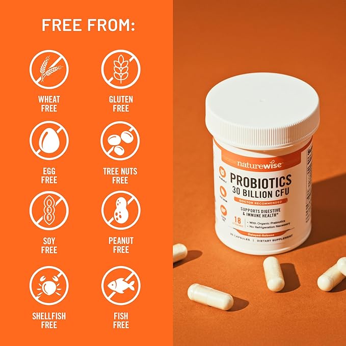 NatureWise Max Probiotics for Women & Men - 30 Billion CFU 18 Strains With Prebiotics - For Gut & Digestive Health - Delayed-Release Capsules, Gluten Free - 60 Capsules[2-Month Supply]