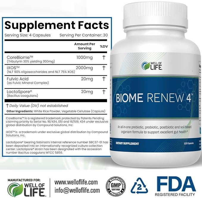 Well of Life Biome Renew 4 - All-in-one Digestive & Gut Health Formula - w/Digestive Enzymes Prebiotics & Probiotics for Healthy Gut Biome for Men and Women - Supports Gut Lining, Gas & Bloating