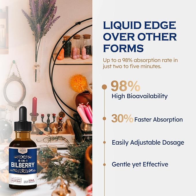 Bilberry Extract Supplement for Eye Health, 6-in-1 Herbal Formula Liquid Drops to Support Eye Strain, Dry Eyes, and Vision Health, Blend with Lutein Zeaxanthin & Eyebright Herb. 2oz