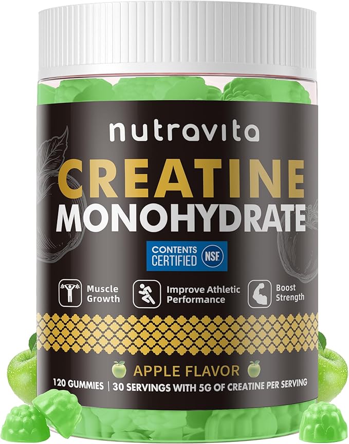 Nutravita NSF Certified Creatine Gummy - Creatine Monohydrate Gummies for Men & Women-5g of Creatine Monohydrate per Serving - Sugar Free,Vegan, Apple Flavor, 120 Count