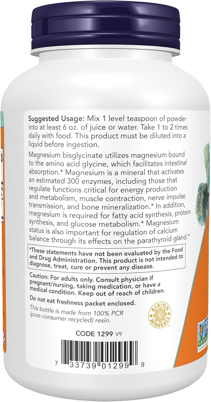 NOW Foods Supplements, Magnesium Bisglycinate Powder, Enzyme Function*, Nervous System Support*, 8-Ounce
