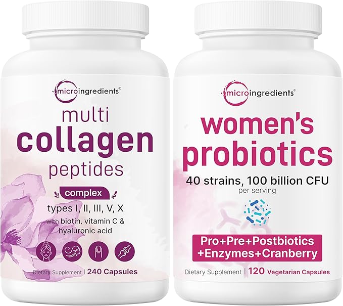 Micro Ingredients 8-in-1 Multi Collagen Pills & Women’s Probiotics 100 Billion CFU Veggie Capsules | 2 Pack | Hydrolyzed Peptides + Hyaluronic Acid & Vitamin C | 40 Strains + Cranberry & D-Mannose