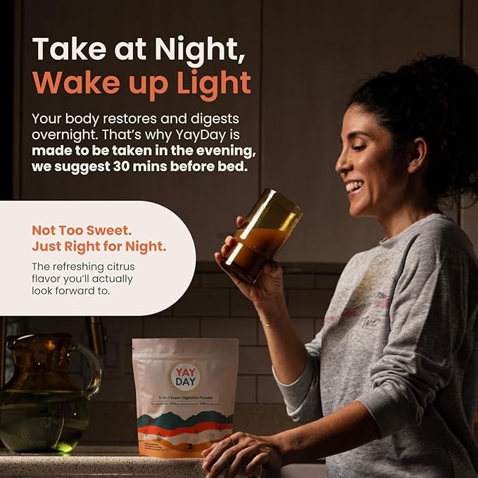 Nighttime Prebiotic Fiber Powder with Digestive Enzymes & Magnesium Glycinate for Sleep | Gut Health Supplement for Women & Men - Digestion Support, Bloating Relief - Citrus, 30 Scoops