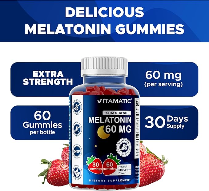 Vitamatic Sugar Free Melatonin 60 mg - 60 Vegetarian Gummies - Non-Habit Forming Supplement