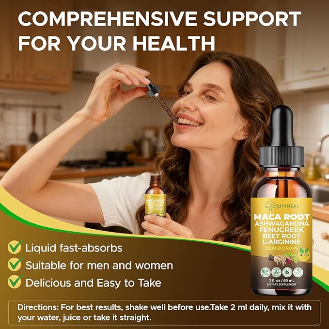 10-in-1 Maca Root Liquid Drops, Maca Root with Ashwagandha, Nettle, Fenugreek, Beet Root, and L-Arginine, Maca Supplement for Overall Support - 2 fl oz
