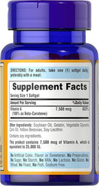 Puritan's Pride Beta Carotene Provitamin A 7,500mcg (25,000 IU), Vitamin Supplement for Immune System, Antioxidant and Eye Health Support, 100 Day Supply, 100 Rapid Release Softgels (Pack of 2)