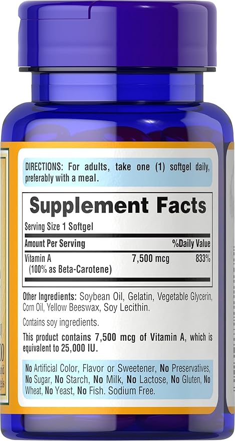 Puritan's Pride Beta Carotene Provitamin A 7,500mcg (25,000 IU), Vitamin Supplement for Immune System, Antioxidant and Eye Health Support, 100 Day Supply, 100 Rapid Release Softgels (Pack of 2)