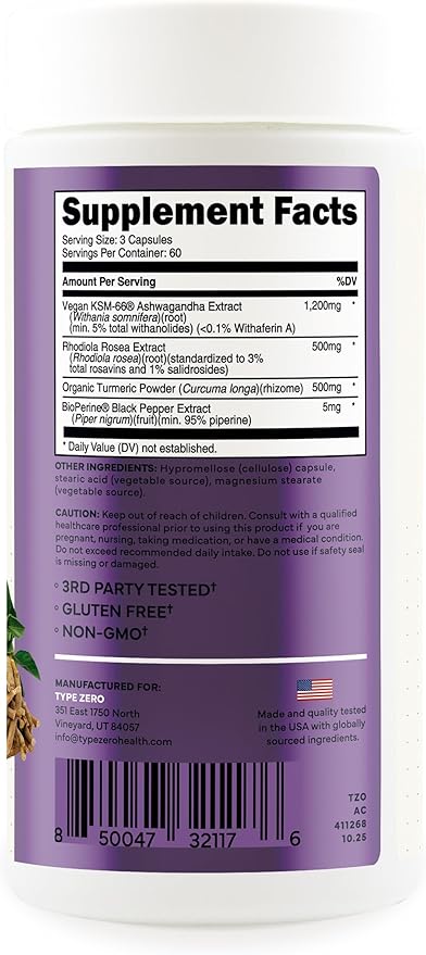 Type Zero KSM-66 Ashwagandha Root Extract 1,200mg, 60 Servings - High Potency 5% Withanolides - with Turmeric, Rhodiola Rosea and BioPerine Black Pepper Extract - 180 Veggie Caps