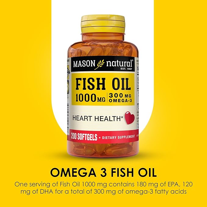 MASON NATURAL Omega,3 Fish Oil, 200,Day Supply, 1000mg with EPA and DHA for Joint Support, Softgel Pills