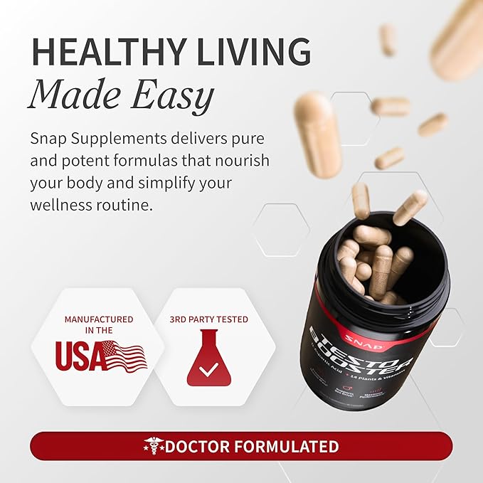 Snap Supplements Testosterone Booster for Men - Promotes Muscle Growth, Booster for Men, Enhancing Natural Energy, Stamina and Strength, 90 Capsules (30 Servings, 1 Month Supply)