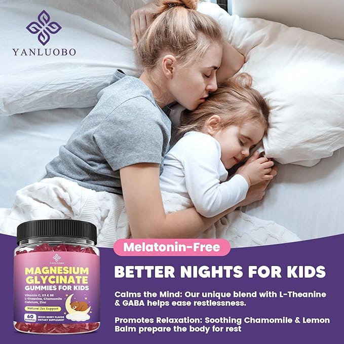 Kids Magnesium Gummies, Magnesium Glycinate Gummies 400mg/200mg with L-Theanine, Chamomile, Vitamin B6, D3 for Kids, Relaxation & Zzz Support, Nerve Bone - Sugar Free Mixed Berry Flavor 60ct