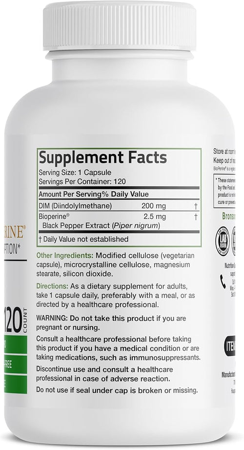 Bronson DIM Supplement 200 MG Diindolymethane with BioPerine for Enhanced Absorption, Estrogen Metabolism & Maintains Balanced Hormone Levels, 120 Vegetarian Capsules
