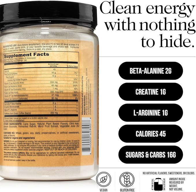 NAKED Citrus Energy - Citrus Flavored Clean Pre Workout Supplement for Men and Women, NSF Certified, Vegan Friendly, No Added Sweeteners, Colors Or Flavors - 30 Servings