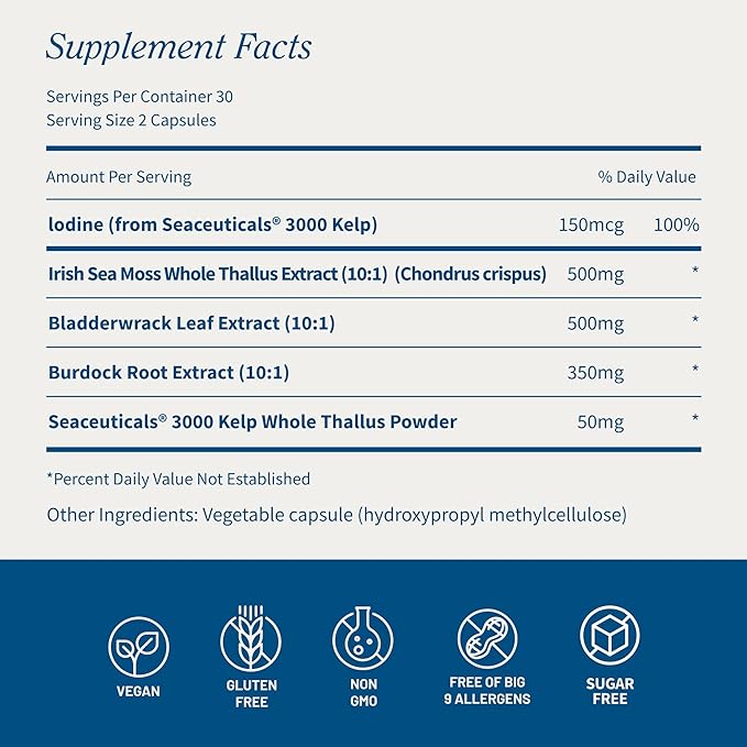Snap Supplements Irish Sea Moss with Bladderwrack, Burdock Root & Iodine – Natural Sea Moss Supplement to Support Gut Health, Energy & Healthy-Looking Skin, 60 Vegan Capsules (1 Month Supply)