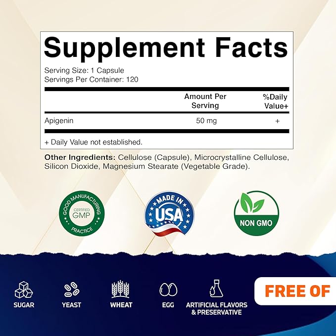 Vitamatic Apigenin 50mg – 120 Vegetarian Capsules Plant-Based Flavonoid for Cellular Health, Relaxation & Healthy Aging