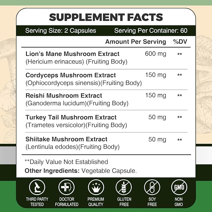 ZEBORA Lions Mane Supplement Capsules - Mushroom Supplement with Lions Mane, Cordyceps, Reishi, Turkey Tail, Shiitake - Lion's Mane Mushroom for Memory, Focus & Immune Support - 120 Vegan Capsules