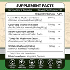 ZEBORA Lions Mane Supplement Capsules - Mushroom Supplement with Lions Mane, Cordyceps, Reishi, Turkey Tail, Shiitake - Lion's Mane Mushroom for Memory, Focus & Immune Support - 120 Vegan Capsules