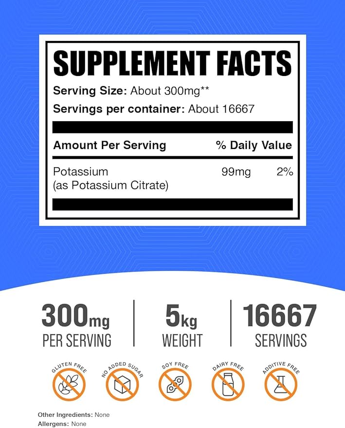 BulkSupplements.com Potassium Citrate Powder - for Hydration Support, Mineral Supplement, Potassium 99mg - Gluten Free, 300mg per Serving, 1kg (2.2 lbs) (Pack of 5)