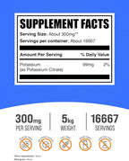 BulkSupplements.com Potassium Citrate Powder - for Hydration Support, Mineral Supplement, Potassium 99mg - Gluten Free, 300mg per Serving, 1kg (2.2 lbs) (Pack of 5)