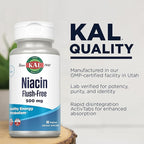 KAL Niacin 500mg Flush Free - Vitamin B3 Supplement - Metabolism and Energy Support - Skin, Nerve, Digestive Health and Circulation Support - Vegan Vitamin, 60-Day Guarantee, 60 Servings, 60 VegCaps