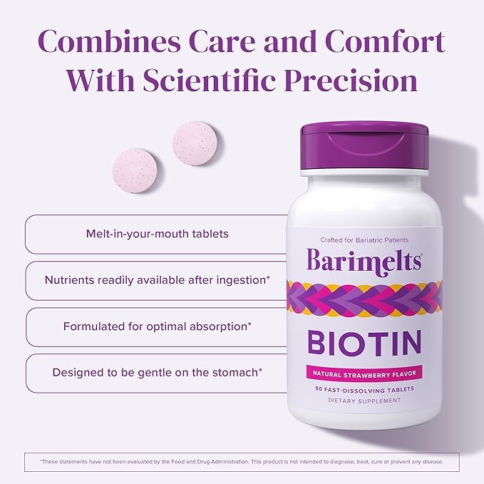 BariMelts Biotin 5000mcg, 180 Fast-Dissolving Tablets (6-Month Supply), Sugar-Free Bariatric Vitamins for Women, Natural Strawberry Flavor
