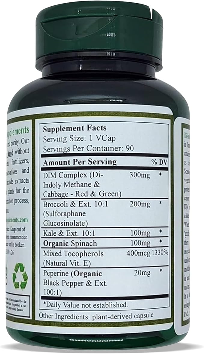 Green Organic Supplements DIM, Diindolylmethane, Indole-3-Carbinol, Broccoli, 90 VCaps, High Absorbable, Non-GMO, Gluten-Free, (Single)