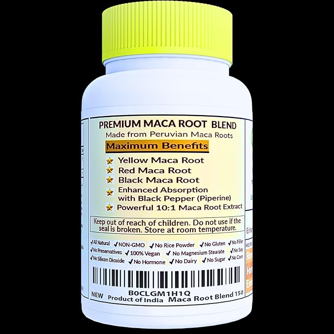 Peruvian Maca Root Capsules with Black Pepper 150 ct. Premium Yellow Red & Black Red Powerful 10:1 All Type Maca Extract All Natural Non-GMO Vegan NO Rice Powder NO Stearate NO Silicon (Pack of 2)